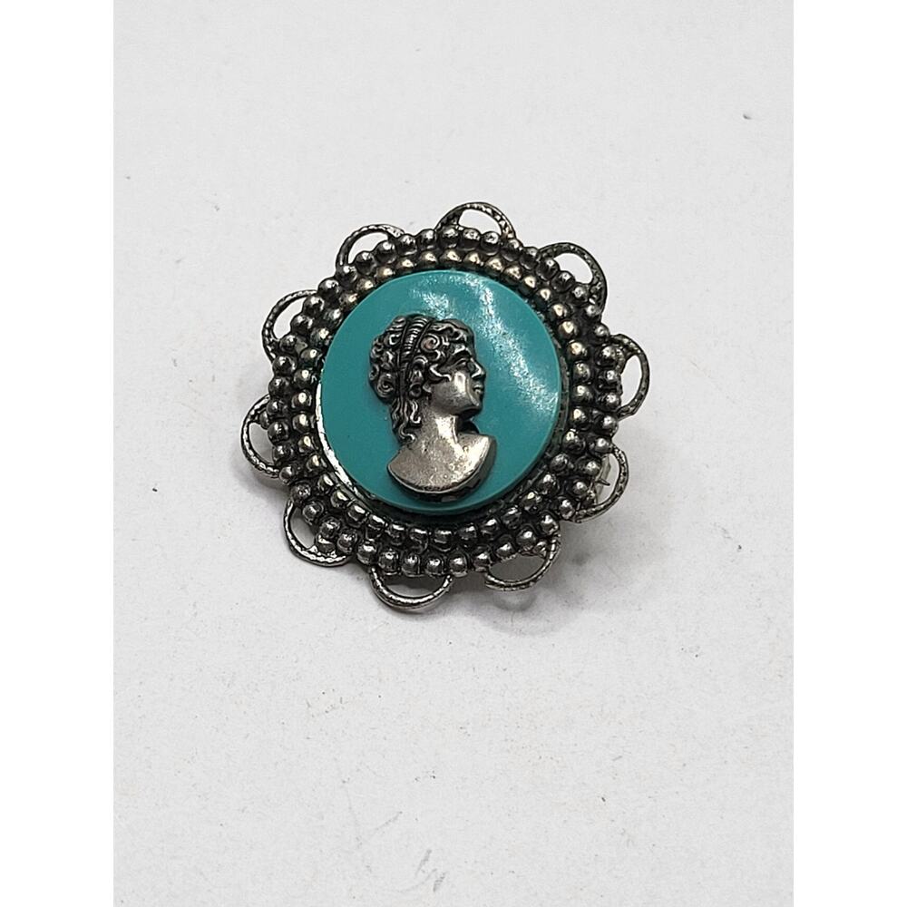 Vintage Turquoise Style Cameo Brooch Silver Tone Filigree 1 Inch